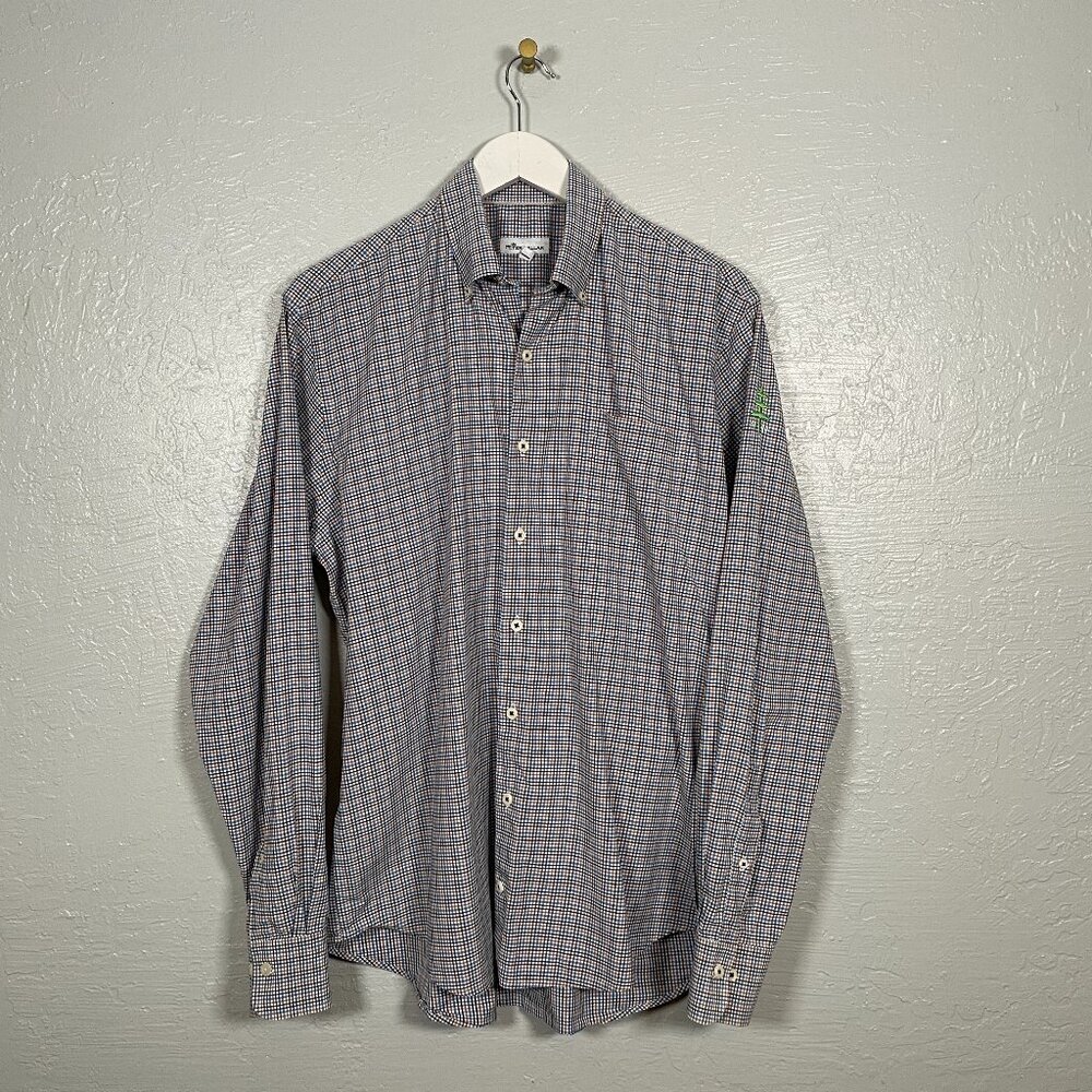 Peter Millar Men L White Blue Plaid Crown Finish Stretch Anderson Micro Shirt